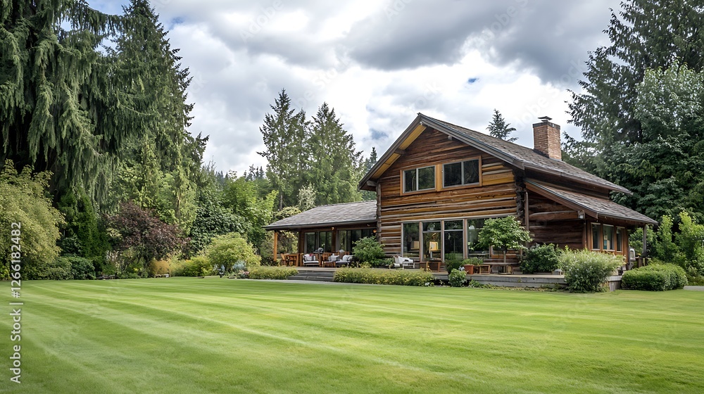 Rustic Log Cabin Home in Lush Green Landscape Rustic Log Cabin Home in Lush Green Landscape