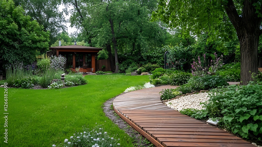 Serene Garden Path: A Wooden Walkway Winding Through Lush Greenery Serene Garden Path: A Wooden Walkway Winding Through Lush Greenery