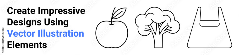 Apple, broccoli, and shopping bag in clean linear style. Ideal for health concepts, eco-friendly design, food apps, sustainability, education, digital content web graphics flat landing page banner Apple, broccoli, and shopping bag in clean linear style. Ideal for health concepts, eco-friendly design, food apps, sustainability, education, digital content web graphics flat landing page banner