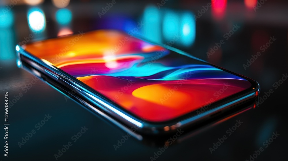 A smartphone displaying vibrant abstract colors on its screen, emphasizing modern technology.