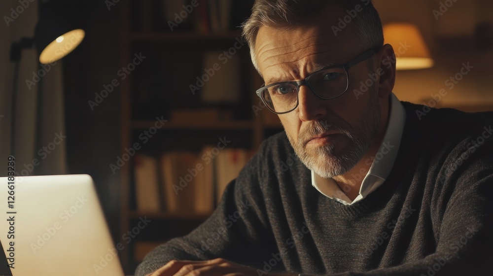 man working late on laptop in home office man working late on laptop in home office