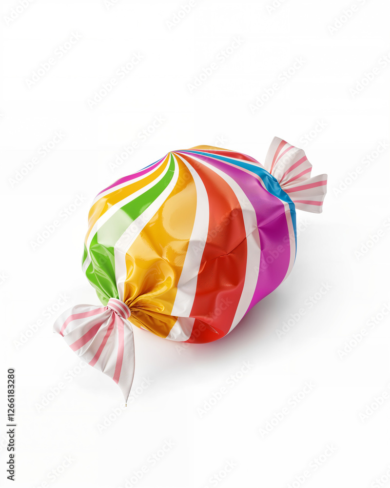 Colorful wrapped candy with vibrant stripes sitting on a plain background