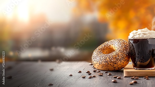 Cozy autumn scene featuring a steaming coffee cup and a poppy seed bagel on a wooden table
