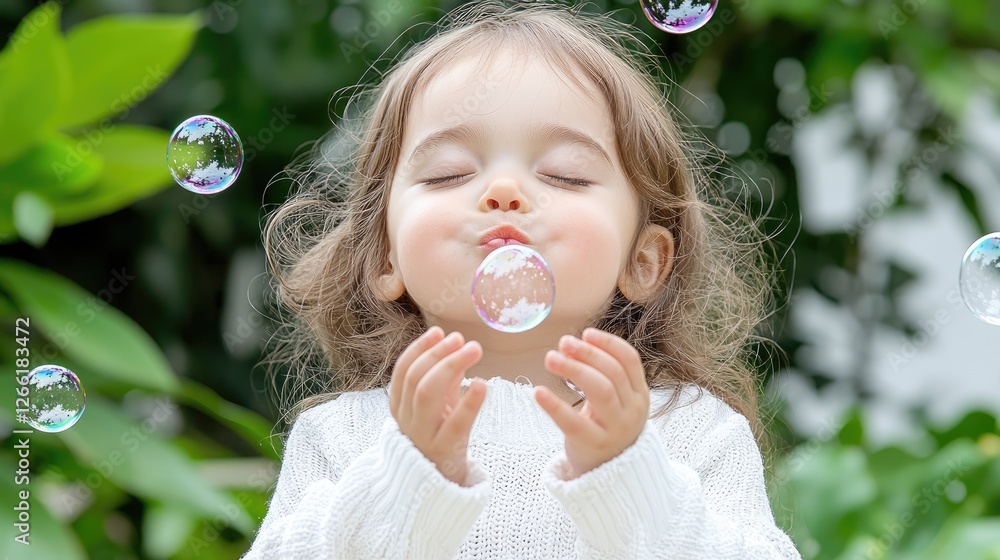 Toddler girl blowing bubbles in garden Toddler girl blowing bubbles in garden