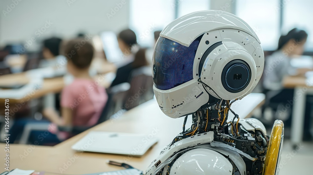 Fototapeta premium AI robot in classroom, students blurred.