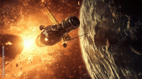 A spacecraft navigating through a cosmic scene with an exploding celestial body nearby.