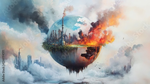 Apocalyptic city, burning planet, digital art. photo