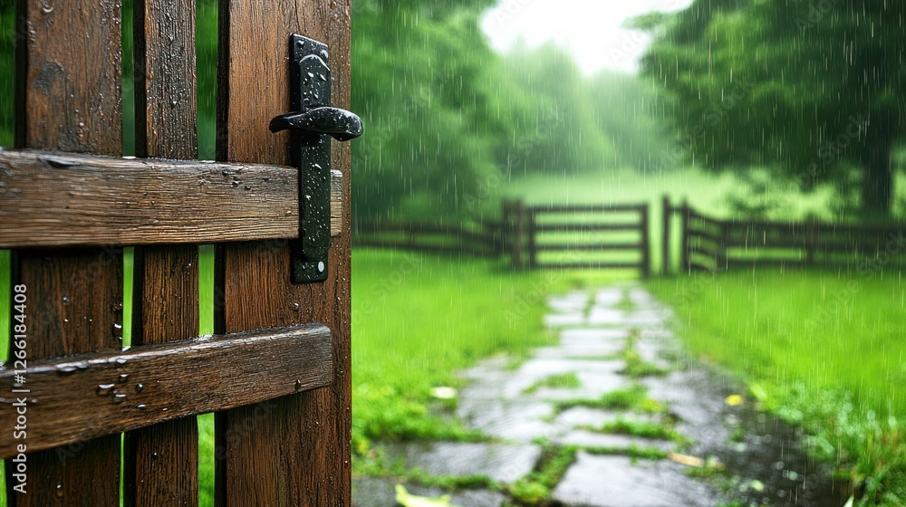 Wooden gate open to rain-swept countryside path Wooden gate open to rain-swept countryside path