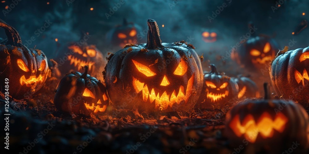 Fototapeta premium A spooky scene featuring glowing jack-o'-lanterns amidst fog and autumn leaves.