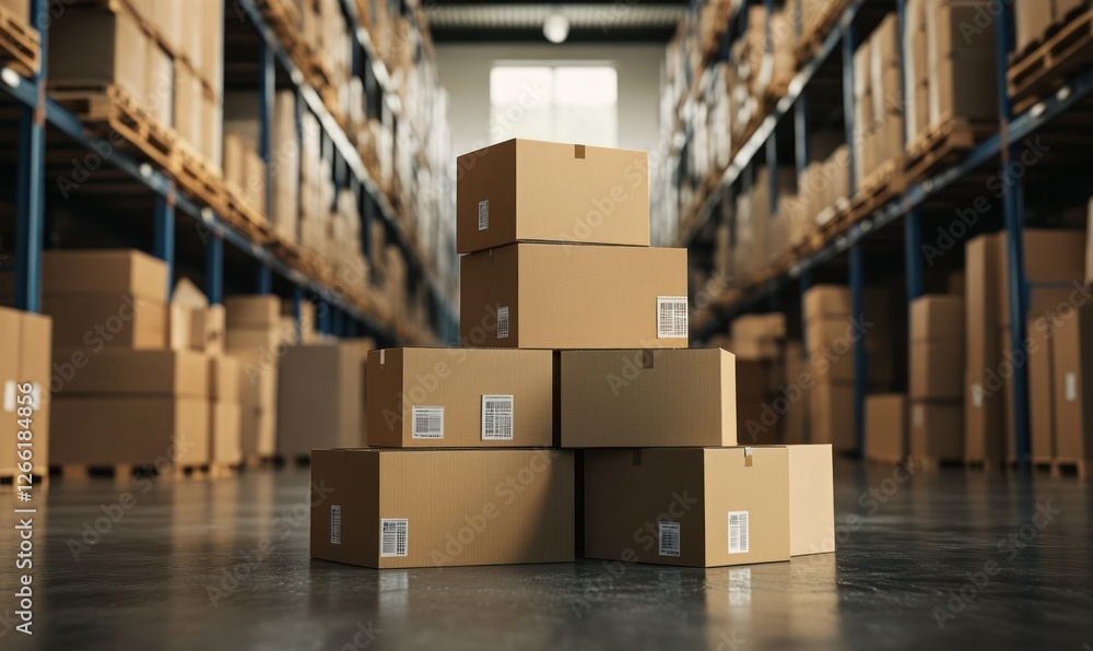 A stack of cardboard boxes in a warehouse setting, indicating storage and logistics. A stack of cardboard boxes in a warehouse setting, indicating storage and logistics.