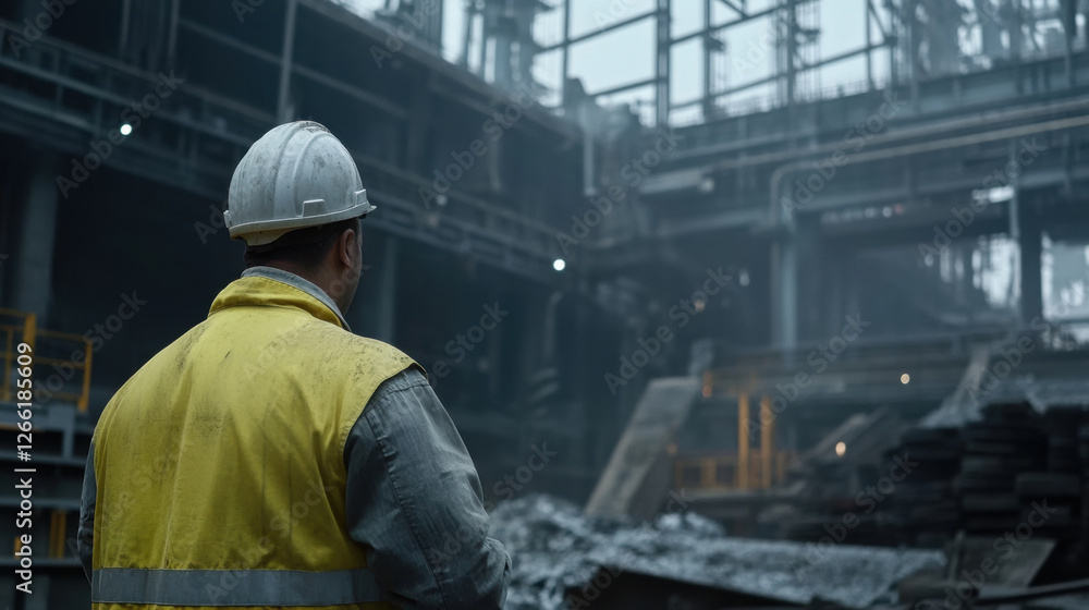 worker in safety helmet and yellow vest observes heated foundry, surrounded by industrial machinery and materials worker in safety helmet and yellow vest observes heated foundry, surrounded by industrial machinery and materials