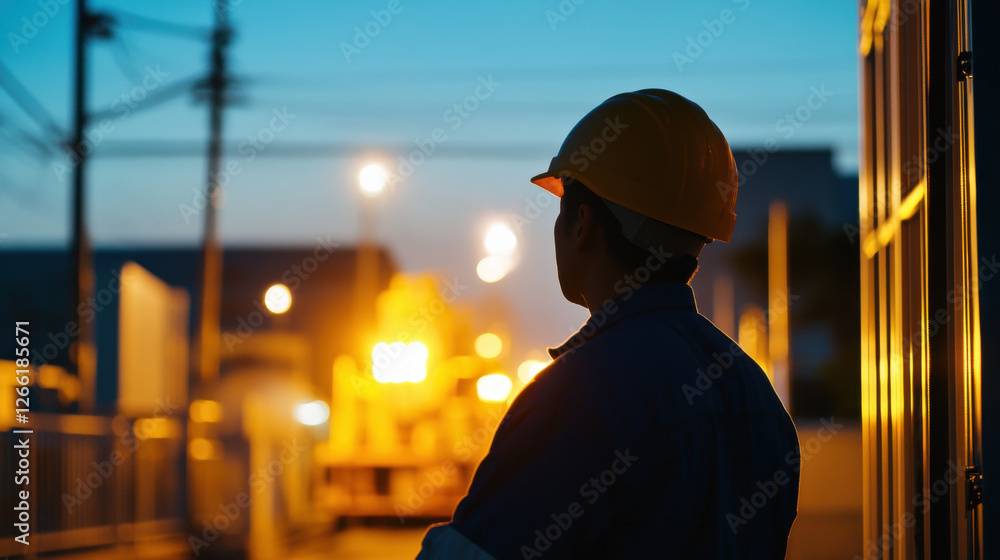 silhouette of worker in industrial setting at dusk, observing machinery. scene conveys sense of focus and determination silhouette of worker in industrial setting at dusk, observing machinery. scene conveys sense of focus and determination