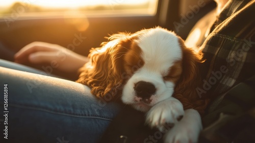 cavalier king charles spaniel puppy sleeping in car photo