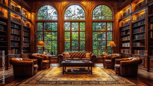 Wallpaper Mural Luxurious Library with Leather Furniture and Large Windows Torontodigital.ca