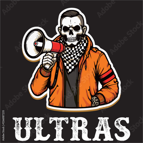 illustration vector graphic of Football fans ultras hooligan Skull with football scarf design for logo, t-shirt, etc