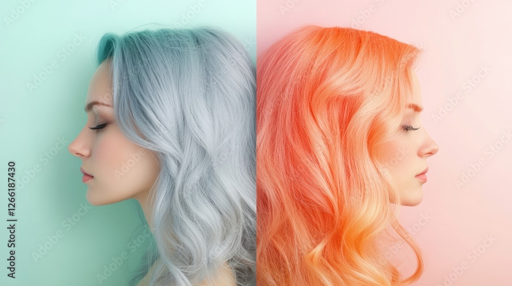 Transformation of gray hair to vibrant dyed hair in a side by side comparison. Generative AI Transformation of gray hair to vibrant dyed hair in a side by side comparison. Generative AI