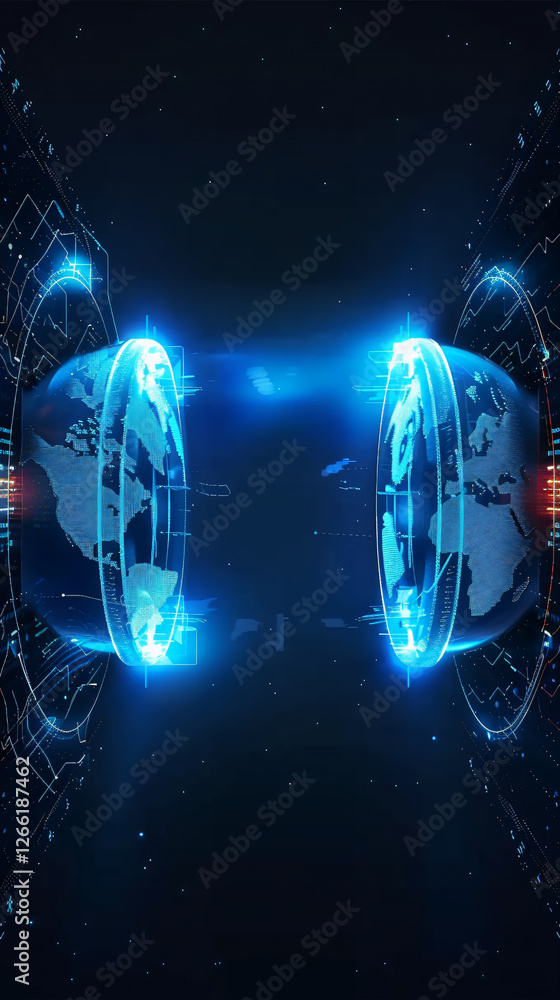 Obraz premium The Magical fantasy portal technology concept of a blue half earth globe inside glowing blue high-tech portal made of glowing blue circuits each other are connect