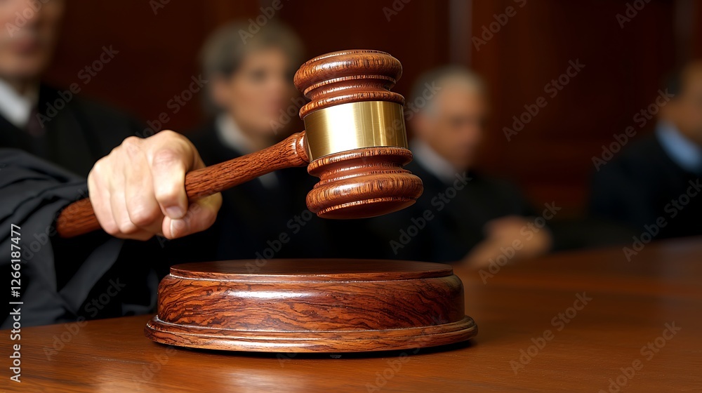 Judge's Gavel Striking Sound Block in Courtroom Judge's Gavel Striking Sound Block in Courtroom