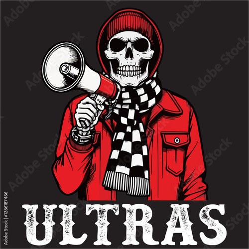 illustration vector graphic of Football fans ultras hooligan Skull with football scarf design for logo, t-shirt, etc