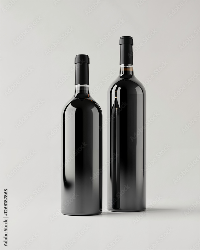 Two elegant black wine bottles with smooth surfaces and minimalist design placed on a light backdrop Two elegant black wine bottles with smooth surfaces and minimalist design placed on a light backdrop
