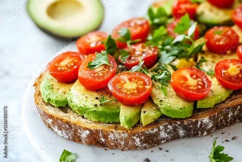 Avocado toast garnished with cherry tomatoes and fresh herbs on whole grain bread.