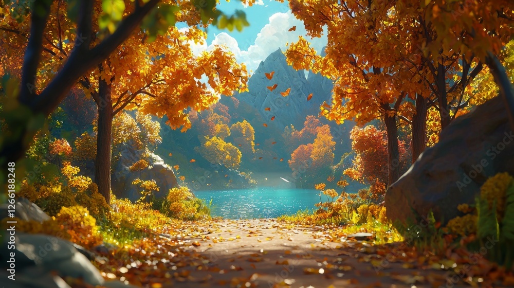 Scenic Autumn Trail Surrounded by Vibrant Orange and Yellow Leaves Leading to a Tranquil Blue Lake Under a Clear Sky Scenic Autumn Trail Surrounded by Vibrant Orange and Yellow Leaves Leading to a Tranquil Blue Lake Under a Clear Sky
