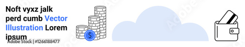 Coins stacked with blue coin upfront, cloud in the middle, and wallet with cards. Ideal for finance, banking, digital wallets, savings, cloud storage online payments e-commerce. Landing page