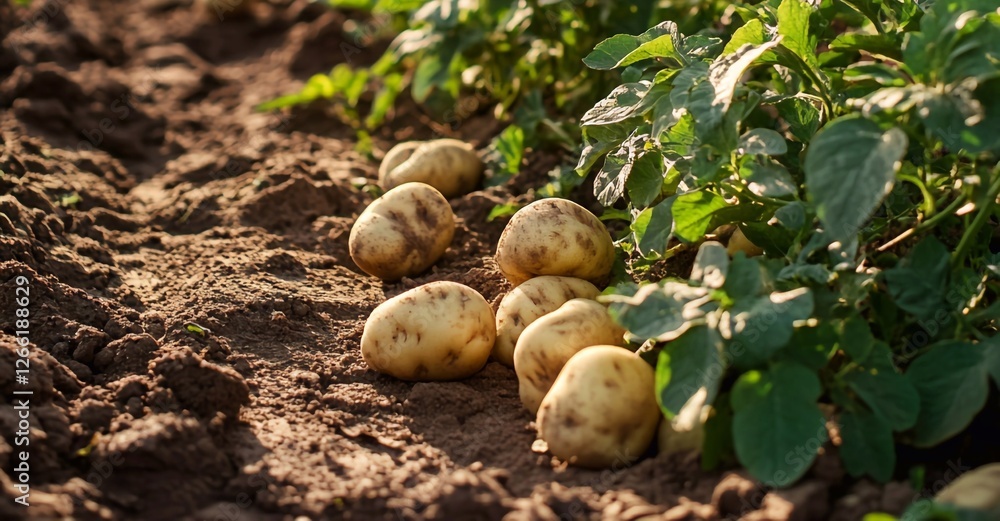 fresh organic potatoes, potatoes on the ground fresh organic potatoes, potatoes on the ground