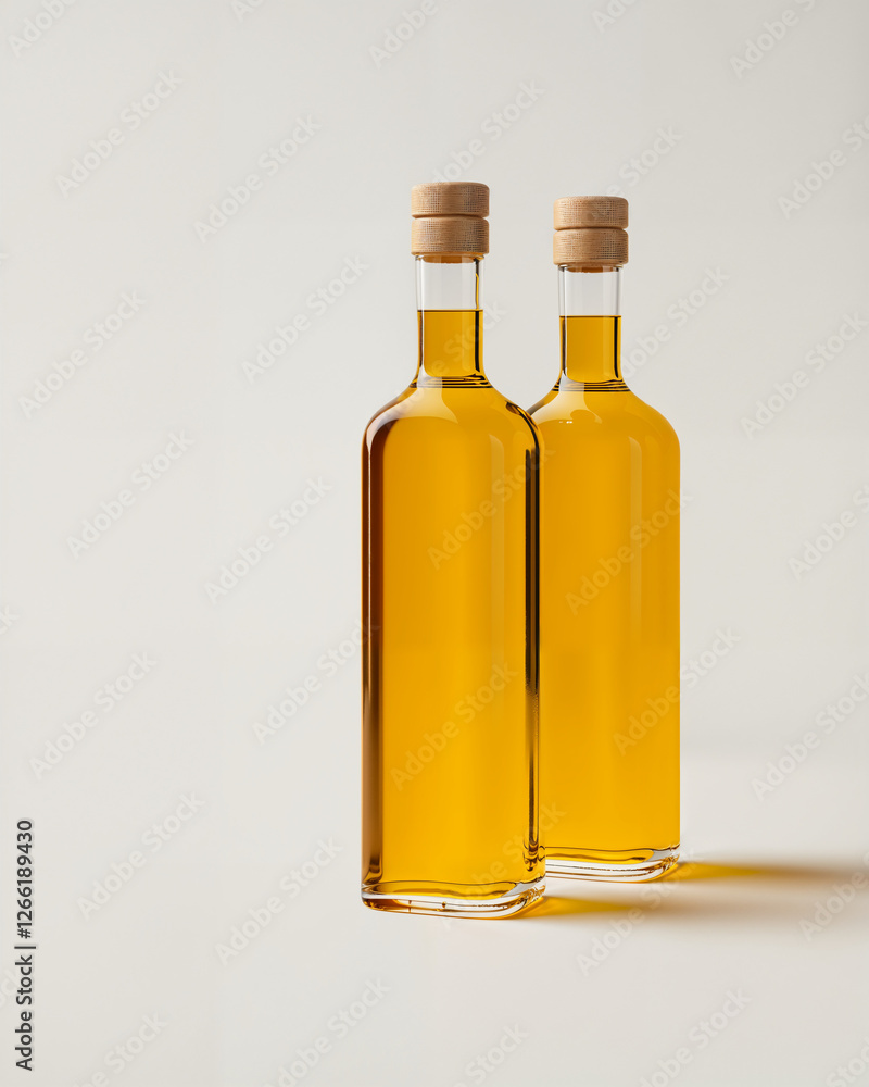 Elegant glass bottles filled with golden oil against a neutral background in a minimalistic setting Elegant glass bottles filled with golden oil against a neutral background in a minimalistic setting