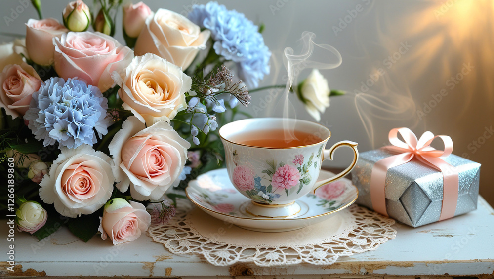 Fototapeta premium flowers, a cup of tea, and a small gift