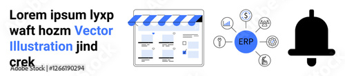 E-commerce storefront with blue and white awning, ERP system icons connected to main hub, and notification bell icon. Ideal for e-commerce, ERP, notifications, business management, online stores