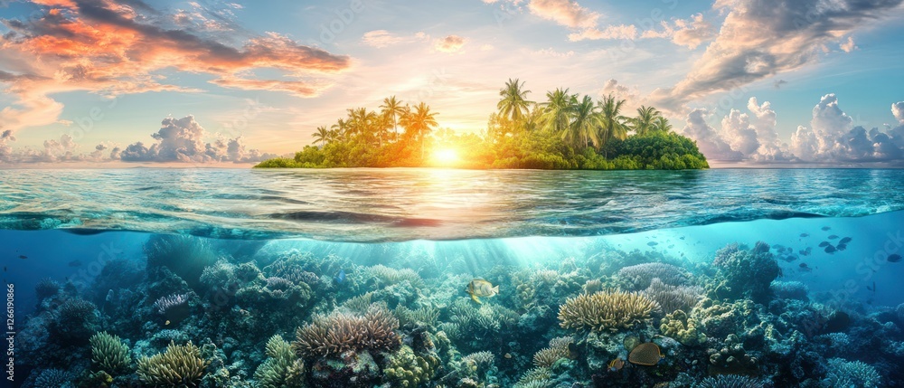 A vibrant underwater scene with a tropical island, showcasing coral reefs and sunset. A vibrant underwater scene with a tropical island, showcasing coral reefs and sunset.