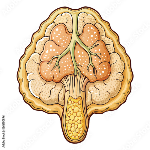 Highly detailed macro photograph of a pale yellow human adrenal gland, showcasing its textured surface and intricate internal structure.