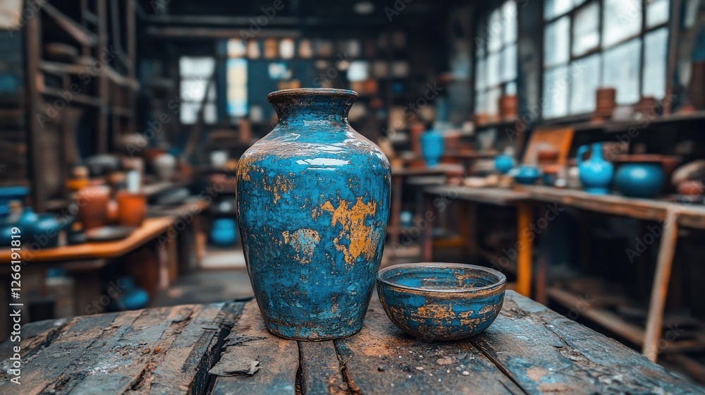 Antique blue pottery vase and bowl on rustic wooden table in old workshop Antique blue pottery vase and bowl on rustic wooden table in old workshop
