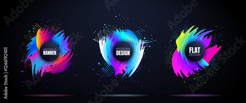 Vector illustration. Bright color dynamic backgrounds set. Modern art graphic. Ink brush stroke frame with text. Paint splash and halftone dots. Design elements for advertising, web sale banner