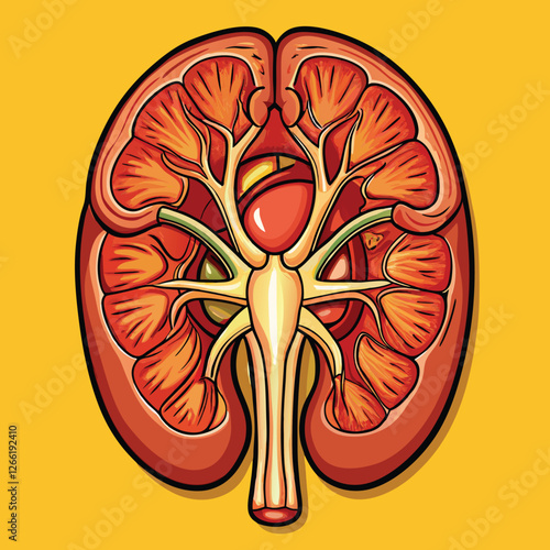 Detailed close-up of a human kidney, exhibiting a rich reddish-brown hue, showcasing its intricate renal structure and vasculature.