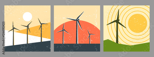 Vector illustration. Mid century modern graphic. 70s retro funky style. Wind energy concept. Windmills landscape, sunset scene with grunge texture. Renewable energy, eco-friendly technology