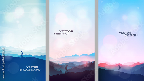 Vector illustration. Serene natural landscape with mountains, forests. Silhouette of a girl hiking. Concept of female outdoor adventure, trekking, discovering nature. Design for vertical banner, flyer