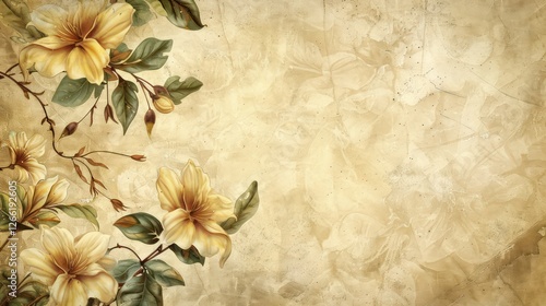 Weathered vintage floral pattern with light yellow flowers and green leaves, set against an old parchment texture.