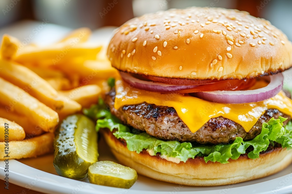 A close-up of a classic American cheeseburger with lettuce, tomato, onion, and fries. A close-up of a classic American cheeseburger with lettuce, tomato, onion, and fries.