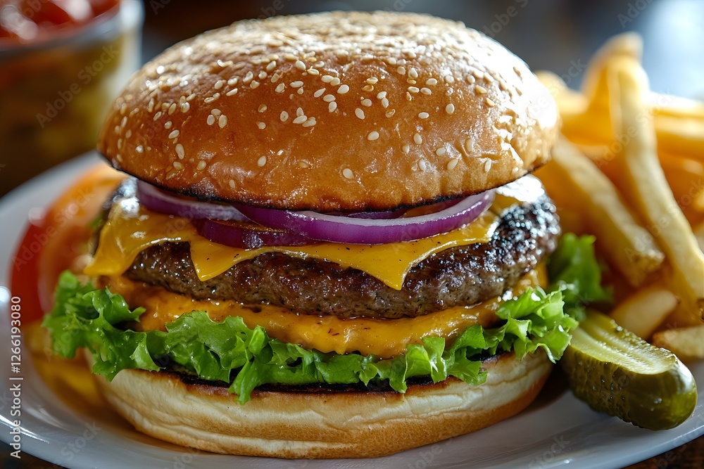 A close-up of a classic American cheeseburger with lettuce, tomato, onion, and fries. A close-up of a classic American cheeseburger with lettuce, tomato, onion, and fries.
