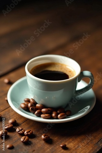 Espresso cup on vintage wooden table with scattered coffee beans, wood, home, kitchen