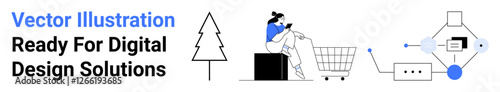Woman seated by shopping cart, viewing device, a tree icon, and a network connection diagram. Ideal for e-commerce, technology, environment, innovation, data transfer online shopping digital
