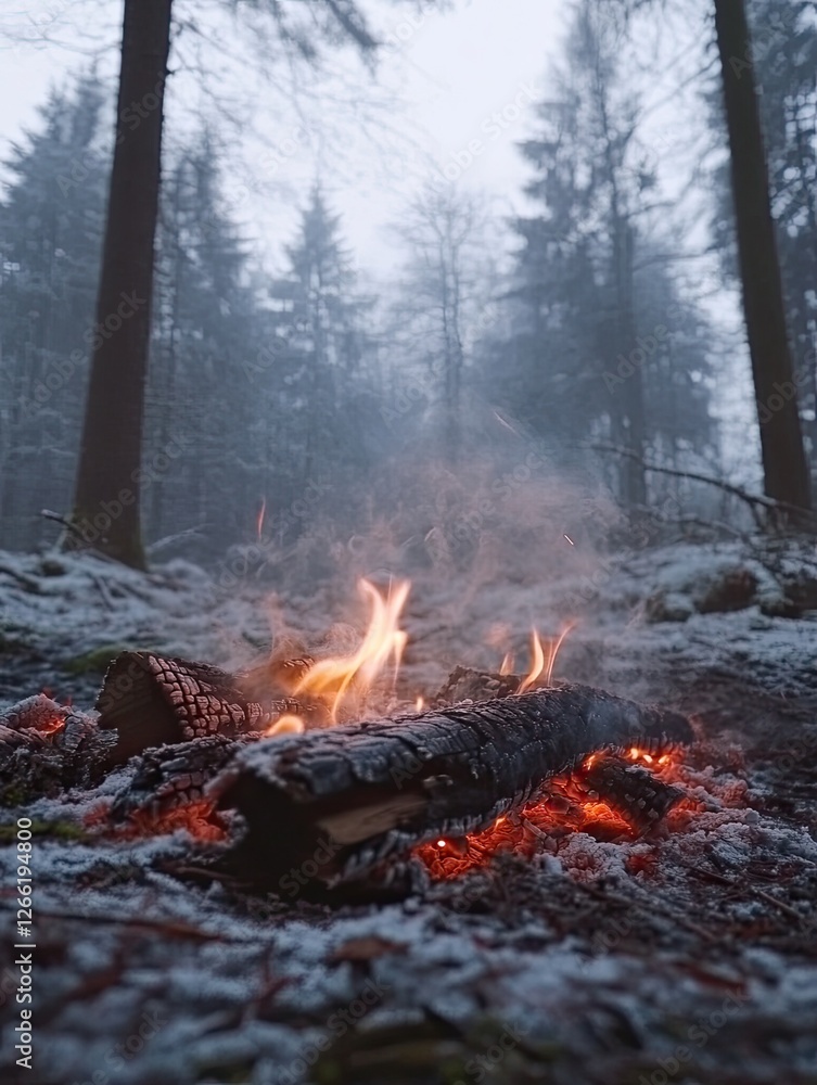 Winter campfire in snowy forest, misty background Winter campfire in snowy forest, misty background