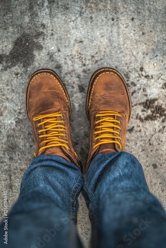 Brown Leather Boots with Yellow Laces Worn with Jeans