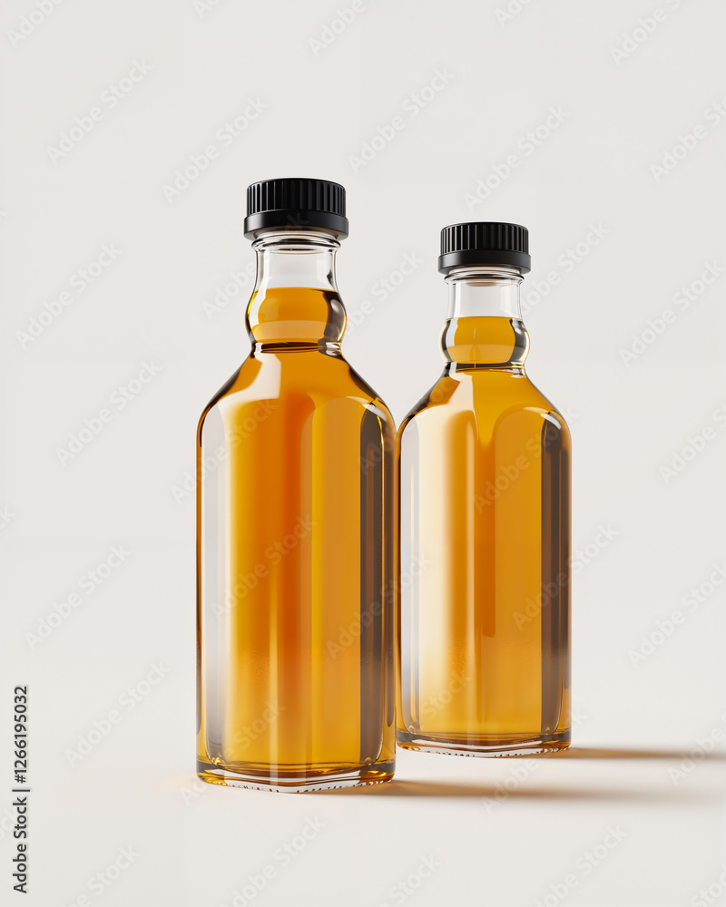 Bottles of amber liquid displayed on a neutral background showcasing their contents in a minimalist style Bottles of amber liquid displayed on a neutral background showcasing their contents in a minimalist style