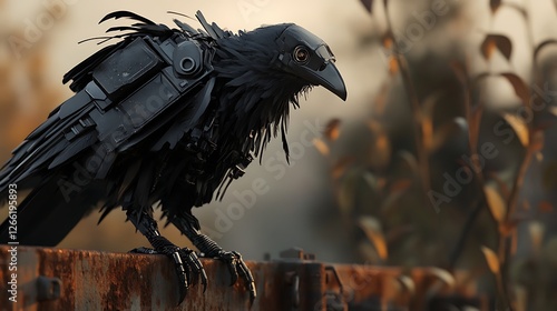 A digitally rendered image depicts a black crow with a metallic, fragmented appearance perched on a rusty metal surface, set against a blurred background of muted autumnal foliage under a soft, warm