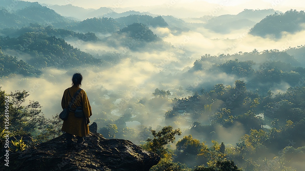 Woman meditates on misty mountaintop, valley below Woman meditates on misty mountaintop, valley below