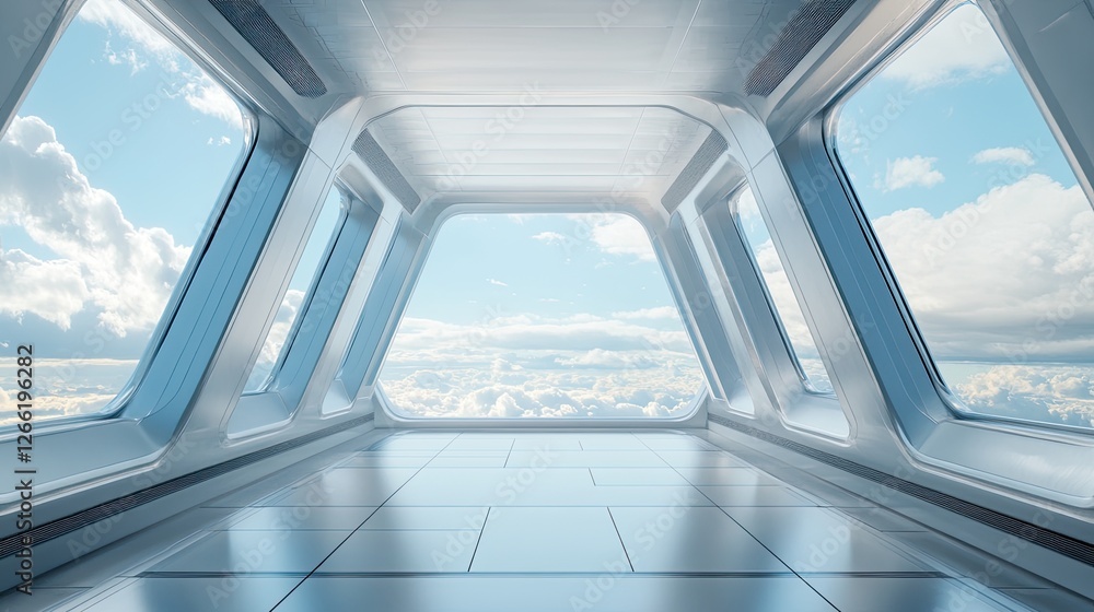 Futuristic interior with panoramic view of dreamy clouds and blue sky Futuristic interior with panoramic view of dreamy clouds and blue sky