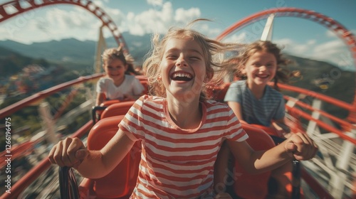 Fototapeta Naklejka Na Ścianę i Meble -  Excited girls enjoying a thrilling roller coaster ride at an amusement park with vibrant colors and joyful expressions